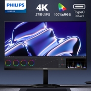 飞利浦 27英寸 4K IPS 10bit Type-C65W 智能分屏低蓝光 旋转升降 高清设计办公显示器 娱乐显示屏27E1N5900E