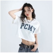 PCMY字母印花短款短袖街头嘻哈休闲T恤学院风宽松露脐T恤男女同款