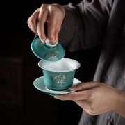 金镶玉 茶杯 三才盖碗杯泡茶杯功夫茶具陶瓷盖碗 豆青节节高盖碗