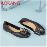 AOKANG 奥康 女鞋2022秋季新款时尚真皮羊皮豆豆舒适通勤平底菱格纹女单鞋