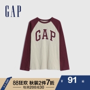 Gap男女童秋季2022新款LOGO纯棉插肩袖长袖T恤881362童装运动上衣