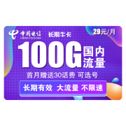 中国电信 长期牛卡 100G全国流量+赠30话费 29元/月