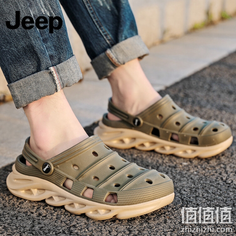 JEEP 吉普洞洞鞋男时尚韩版镂空透气简约不易滑沙滩鞋外穿软底凉拖鞋P210MTX058军绿42码