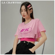 LA CRAWFISH 层次感露腰短款T恤两件套2022秋季新款时尚印花上衣