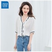 JEANSWEST 真维斯 时尚V领简约上衣衬衫宽松撞色荷叶边洋气灯笼袖欧洲站开衫