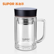苏泊尔（SUPOR） 双层玻璃杯带盖水杯茶杯男士女士带过滤耐热高透水晶杯办公室水杯泡茶杯子 【儒雅黑-410mL】竹韵系列-单层茶滤网