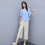 拉夏贝尔 La Chapelle 休闲裤女套装女2022年夏季时尚休闲宽松显瘦减龄洋气阔腿裤两件套 蓝色+杏色 M