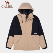 骆驼（CAMEL）夹棉冲锋衣男女拼色潮牌外套秋季新款防风户外登山服 A1W21O8144，卡其/幻影黑，男 XXL