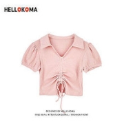HELLOKOMA HELLO KOMA夏季抽绳设计感V领高腰露脐短款T恤女泡泡袖Polo领短袖