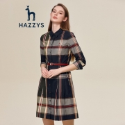 【商场同款】哈吉斯HAZZYS 秋季新款连衣裙女格纹修身连衣裙AQWSC00CC01 藏青色NV 155/80A 36