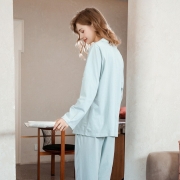 芬腾 睡衣女纯棉2022年秋季长袖新款贴肤浪漫女人休闲翻领花卉女士开胸家居服套装 兰绿 L