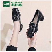 MULINSEN 木林森 正品鞋子女新款2022年春秋季黑色粗跟乐福鞋女韩版透气单鞋