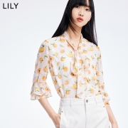 LILY2022夏新款女装浪漫俏皮水果提花优雅飘带领荷叶花边袖衬衫女