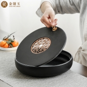 金镶玉 茶盘圆形储水家用功夫茶具干泡茶道托盘 陶瓷双圆茶盘25*5cm