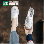 MULINSEN 木林森 正品女鞋2022年秋季新款镂空透气套脚白色女真皮单鞋护士鞋