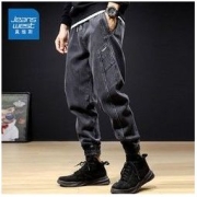 JEANSWEST 真维斯 黑色牛仔裤男潮牌宽松束脚裤秋冬大码胖子粗腿休闲哈伦裤男