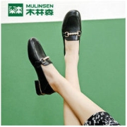 MULINSEN 木林森 正品女鞋2022秋季新款黑色小众英伦风羊皮单鞋低跟乐福鞋女
