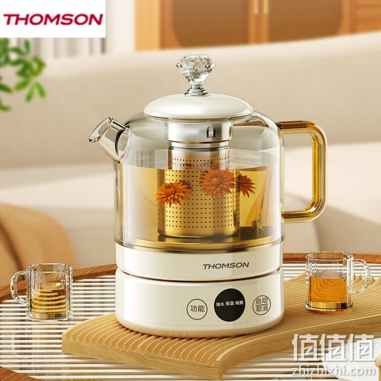 THOMSON 汤姆逊 养生壶 煮茶器 0.9L多功能恒温玻璃电茶壶 开水壶办公室电热水壶保温煮花茶 白色