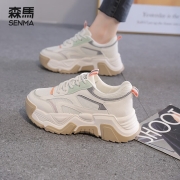 Senma森马老爹鞋子女学生新款春季百搭潮鞋超火波浪厚底增高运动休闲鞋 米--色-A款(女鞋) 36