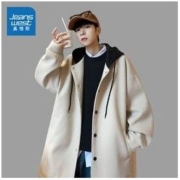 JEANSWEST 真维斯 连帽毛呢大衣男秋冬新款拼接百搭潮流帅气外套宽松港风风衣