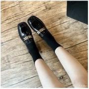 SheII 苏茵茵 曼哈顿女孩~春秋新款真皮金链粗跟乐福鞋女小皮鞋