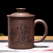 金镶玉 宜兴紫砂杯 原矿紫泥雕刻大容量水杯茶具办公杯 山水泡茶杯±450ml