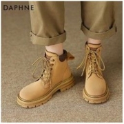DAPHNE 达芙妮 真皮马丁靴女2022新款秋冬女靴大黄蜂户外短靴女工装大黄靴