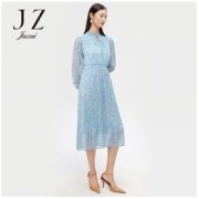 Juzui 玖姿 JZ玖姿秋季新款蓝色印花系带收腰褶皱女雪纺连衣裙