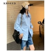 KRSEED 气质衬衫女长袖双拉链白色POLO领宽松显瘦法式小众设计感蓝