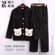顶瓜瓜珊瑚绒居家睡衣女加绒开衫家居服冬加厚翻领可爱小熊口袋上衣 白色 维尼熊 2XL