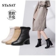ST&SAT 星期六 年秋冬新款短靴女加绒保暖马丁靴羊皮高跟靴SS0411A967