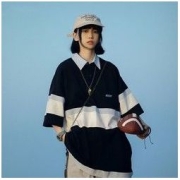 九鹿王 翻领短袖T恤polo衫男女生夏季韩版潮流撞色宽松百搭体恤衫