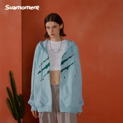 【张泽禹同款】SUAMOMENT抓痕针织刺绣连帽衫情侣款卫衣开衫外套