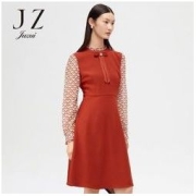 Juzui 玖姿 JZ玖姿秋季新款复古港风几何拼接女收腰雪纺连衣裙