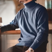 马登工装 纯色翻领毛衣保暖基础款打底针织衫男士秋冬 蓝色 S