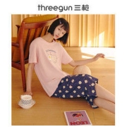 THREEGUN 三枪 睡衣女2021夏季新品纯棉透气可爱印花短袖中裤女士家居套装女