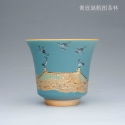 容山堂金丝珐琅彩三才盖碗壶承主人杯单杯建盏公道杯陶瓷功夫茶具 青底瑞鹤图茶杯