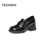 TEENMIX 天美意 增高乐福鞋女复古高跟皮单鞋粗跟一脚蹬2022秋新款CWO02CA2