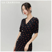 LA CRAWFISH 连衣裙女夏季2022新款气质V领珍珠扣雪纺法式茶歇裙女