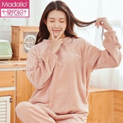 莫代尔家居服珊瑚绒睡衣女秋冬套头圆领冬季保暖家居服套装 暖暖套装蜜酱红 均码（适合80-140斤MM）