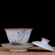 容山堂 官窑盖碗 大号彩绘青花三才茶碗功夫茶具家用白瓷泡茶杯 官窑盖碗-鱼戏莲心