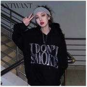 ANTWANT欧美街头嘻哈宽松烫钻秋冬高街情侣连帽卫衣男女加绒加厚