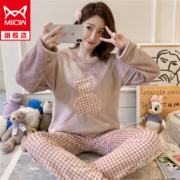 【ZM】【猫人旗舰】【1101-小熊法兰绒】睡衣女秋冬季可爱宽松加厚保暖珊瑚绒套装家居服5-20 511-XX-10-白色小熊(荐) 女M(适合80-95斤)