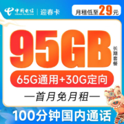 CHINA TELECOM 中国电信 迎春卡 29元月租（65G通用流量+30G定向流量+100分钟通话）长期套餐