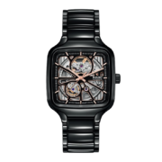 雷达(RADO)瑞士手表真我系列高科技陶瓷方形男士手表机械表镶钻刻度镂空表盘情侣表 新潮设计‘黑方’