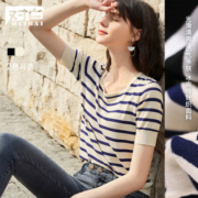 对白方领短袖T恤女法式条纹海魂衫2021夏季新款宽松泡泡袖针织衫