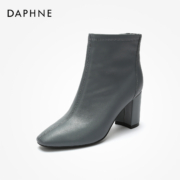 Daphne/达芙妮秋冬新款优雅气质高跟时装靴粗跟短靴牛皮方头女靴49元 (需用券,包邮)