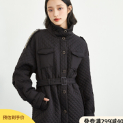 茵曼黑色菱格棉服女年冬季新款收腰立领保暖宽松百搭棉衣外套女【1814301】 黑色 S