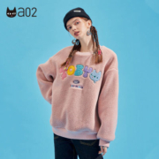 A02甜美风百搭短款仿羊羔毛卫衣女2022冬新款宽松加厚毛巾绣上装