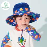 kocotree儿童小孩网眼防晒帽子夏季卡通可调节防紫外线太阳帽孩子宝宝大帽檐渔夫帽男童女童遮阳帽 深蓝动物园 M码（3-6岁 帽围52cm）